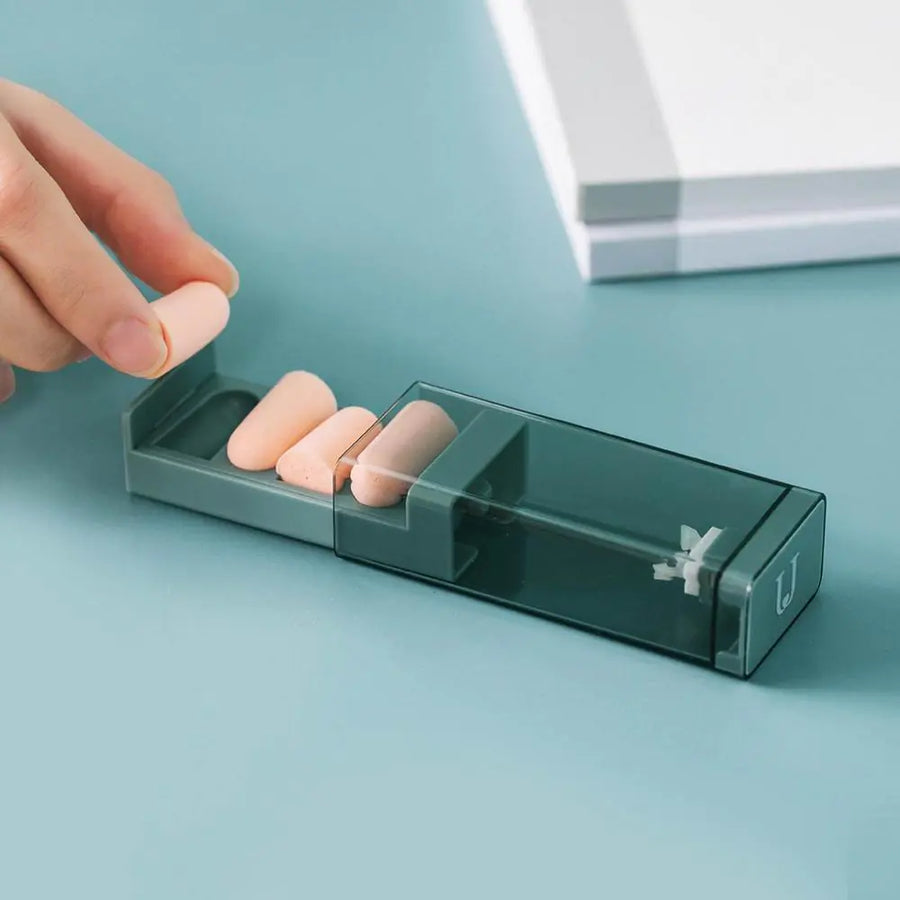 Soft silicone sleep earplugs in a slim travel case