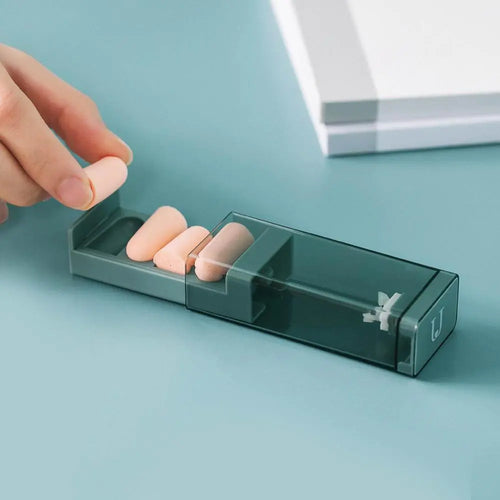Soft silicone sleep earplugs in a slim travel case